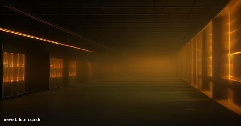 Cinematic photorealistic editorial photograph of a large-scale Bitcoin mining facility interior, shot from a low angle lookin