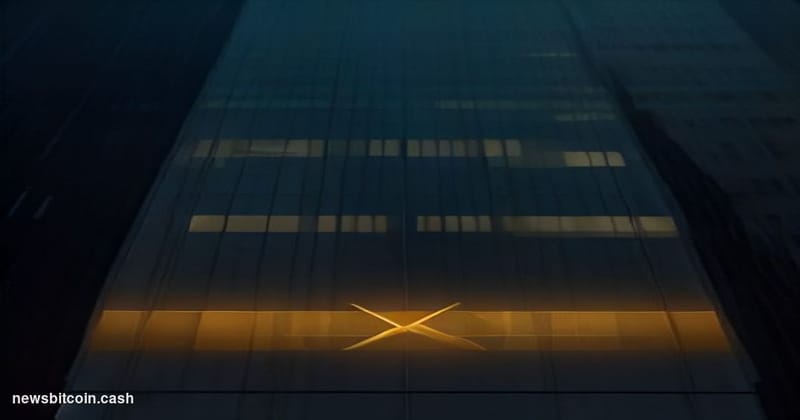 Cinematic photorealistic editorial photograph of a large illuminated Bitcoin symbol mounted on a dark financial district buil