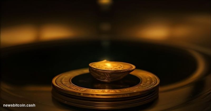 Cinematic photorealistic editorial photograph of a dramatic close-up of a physical gold Bitcoin coin balanced on the edge of 