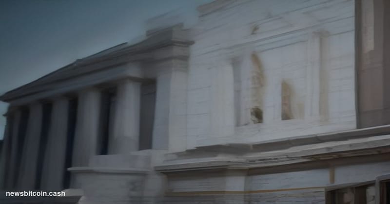 Cinematic photorealistic editorial photograph of the Federal Reserve's Eccles Building in Washington D.C., shot at dusk from 