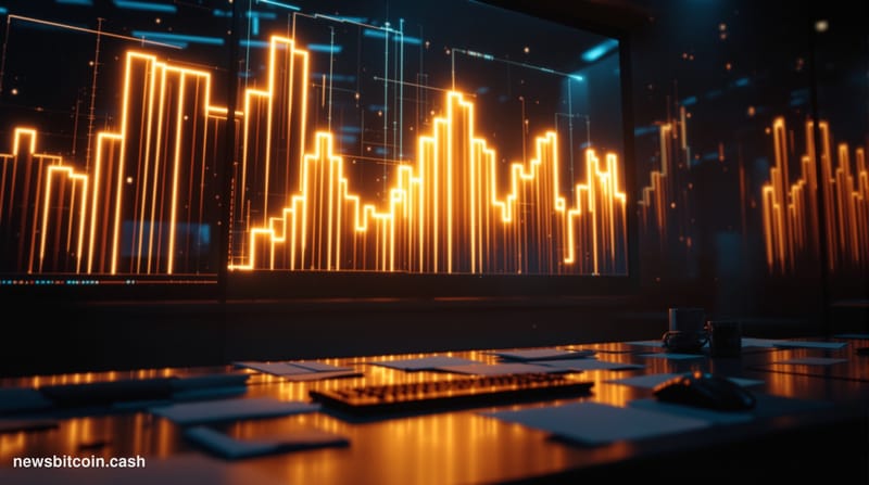 Cinematic photorealistic editorial photograph of a dramatic financial trading floor environment, dimly lit with cool blue-gre