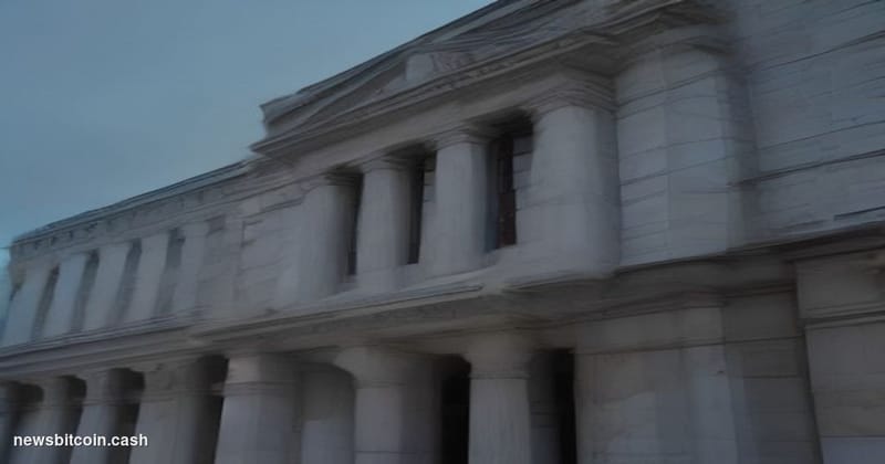 A cinematic photorealistic editorial photograph shot from a low angle looking up at the Federal Reserve Building in Washingto