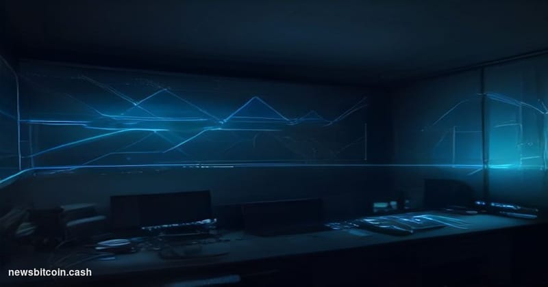 A cinematic photorealistic editorial photograph depicting a large illuminated digital trading screen mounted in a dark, moody