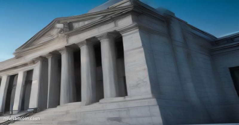 Cinematic photorealistic editorial photograph of the Federal Reserve's Washington D.C. headquarters building — the Marriner S