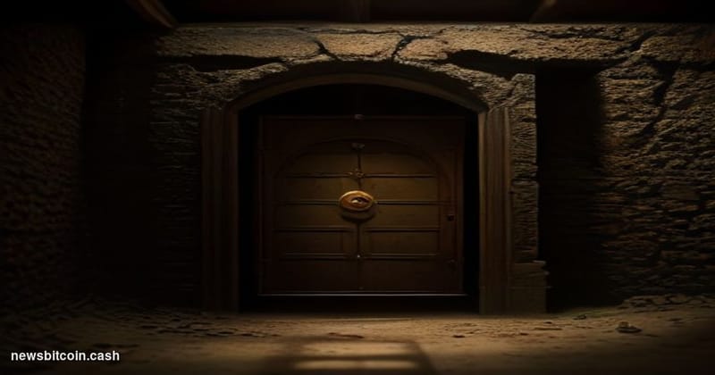 Cinematic photorealistic editorial photograph of a weathered, dust-covered physical vault door slightly ajar in a dim undergr