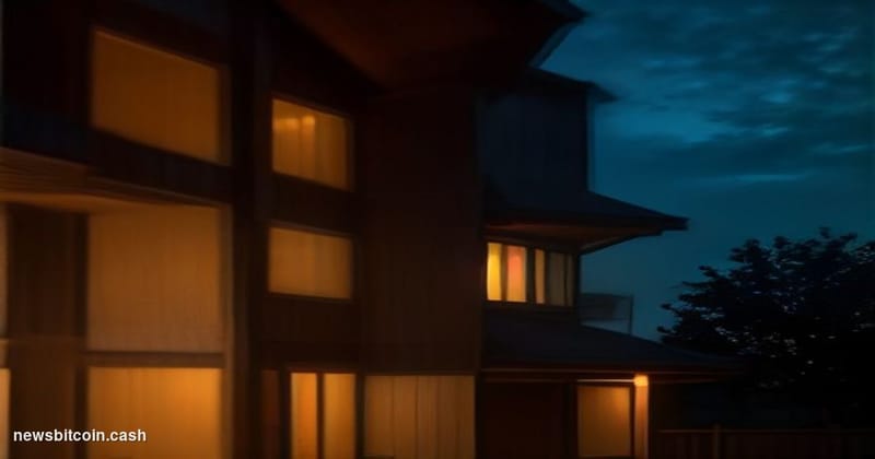 Cinematic photorealistic editorial photograph of a modern American suburban home at dusk, shot from a low angle with a shallo