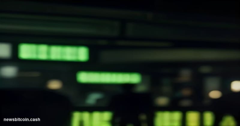 Cinematic photorealistic editorial photograph of a large financial trading floor bathed in deep green light emanating from ro