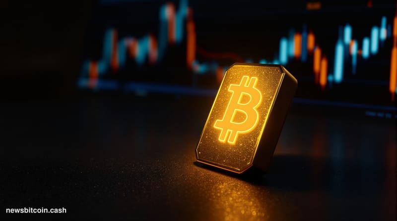 Cinematic photorealistic editorial photograph of a single physical gold bar resting on a dark matte surface beside a glowing 