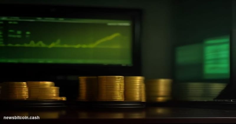 Cinematic photorealistic editorial photograph of a large financial trading floor screen displaying a sharp upward price chart