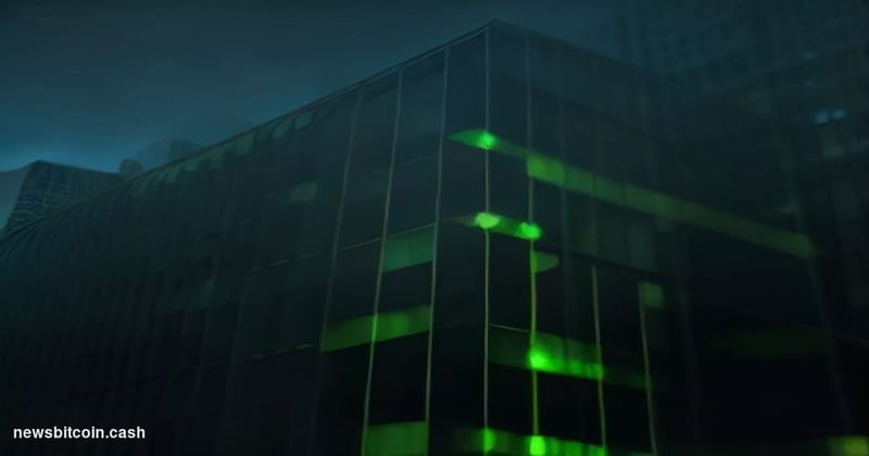 A cinematic photorealistic editorial photograph of a large illuminated Bitcoin symbol mounted on a dark financial district bu