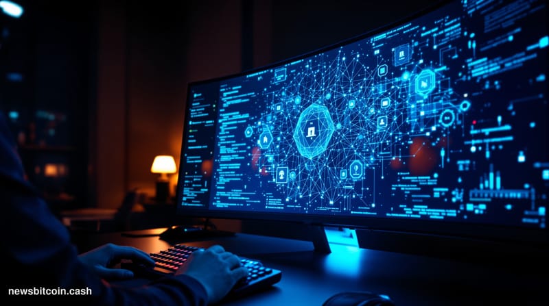 A cinematic photorealistic editorial photograph set inside a dimly lit, high-security cybersecurity operations center at nigh