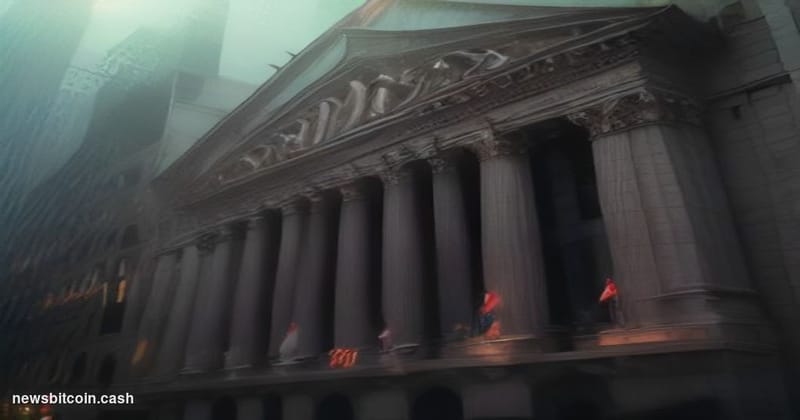 Cinematic photorealistic editorial photograph of the New York Stock Exchange building facade on Wall Street, late afternoon, 