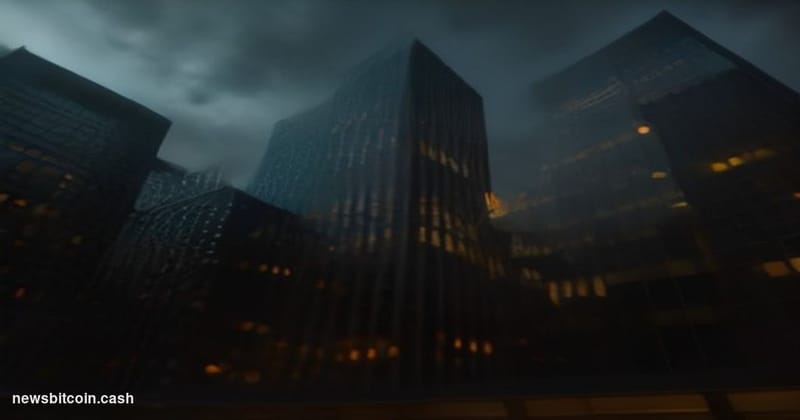 Cinematic photorealistic editorial photograph shot at ground level looking up at Wall Street's iconic canyon of financial tow
