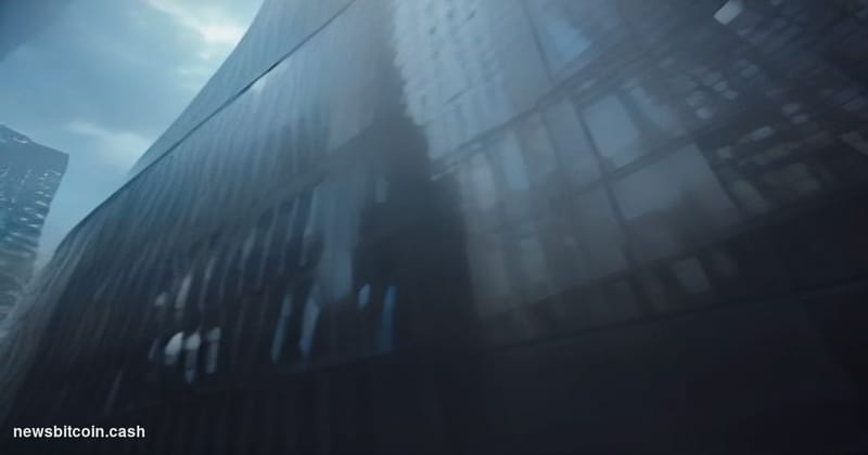 Cinematic photorealistic editorial photograph shot at a low angle looking up at the glass and steel facade of a major financi