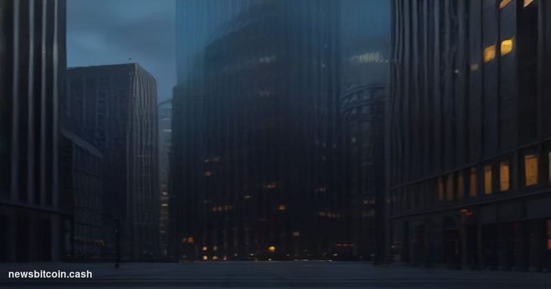Cinematic photorealistic editorial photograph of a towering Wall Street financial district building at dusk, shot from a low 