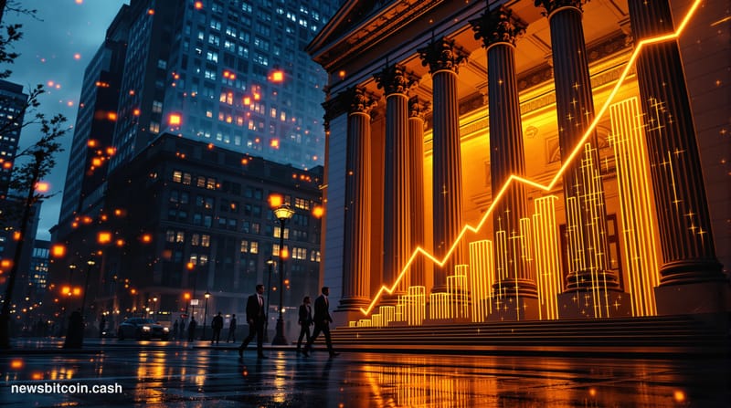 Cinematic photorealistic editorial photograph of the New York Stock Exchange facade on Wall Street, shot at dusk with warm am
