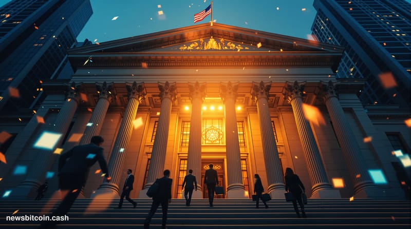 Cinematic photorealistic editorial photograph of the New York Stock Exchange building on Wall Street, shot from a low angle l
