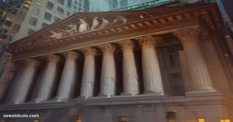 Cinematic photorealistic editorial photograph of the New York Stock Exchange building on Wall Street, shot at dusk from a low