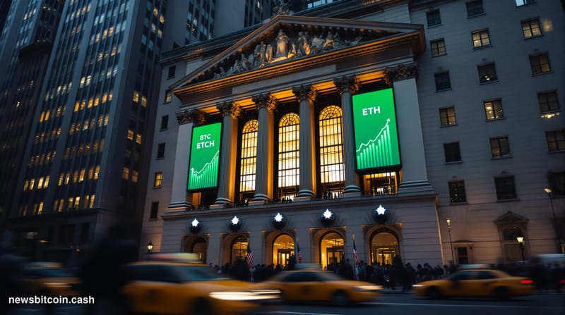 Cinematic photorealistic editorial photograph of the New York Stock Exchange's iconic neoclassical facade on Wall Street, sho