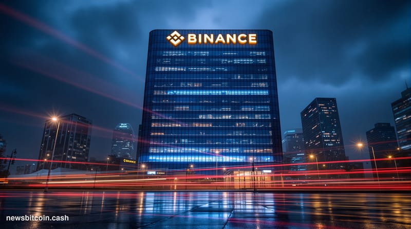 Cinematic photorealistic editorial photograph of the Binance headquarters building exterior at night, its corporate signage c