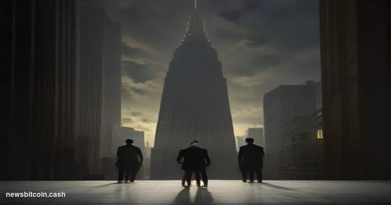 Cinematic photorealistic editorial photograph shot at ground level looking up at two towering financial monuments — a gleamin