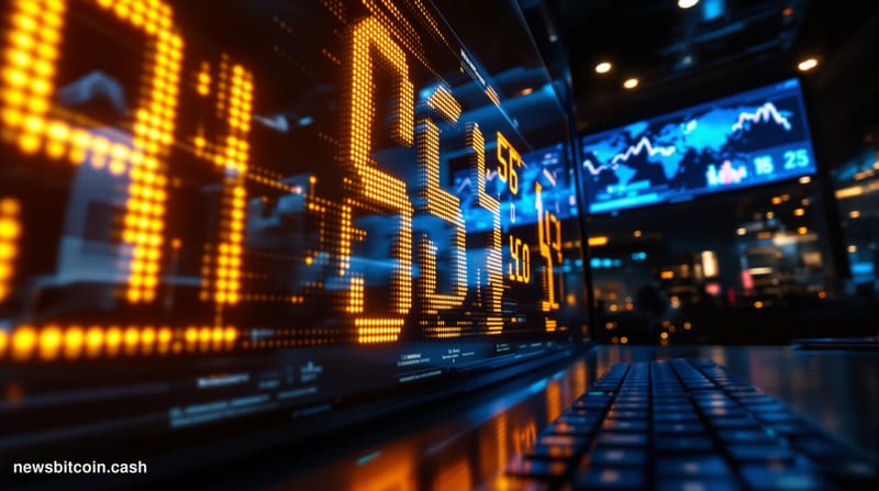 Cinematic photorealistic editorial photograph shot at a low angle looking up at a large financial trading floor display board