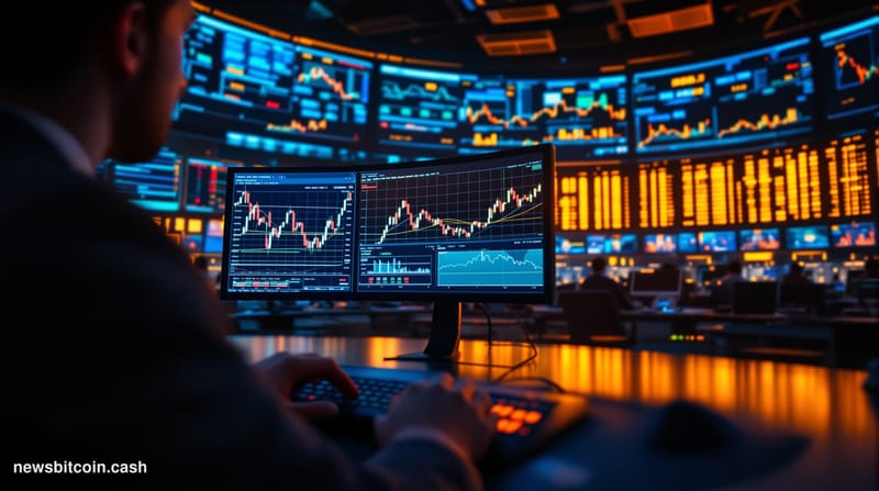 A cinematic photorealistic editorial photograph of a large financial trading floor bathed in cool blue and amber lighting, wi