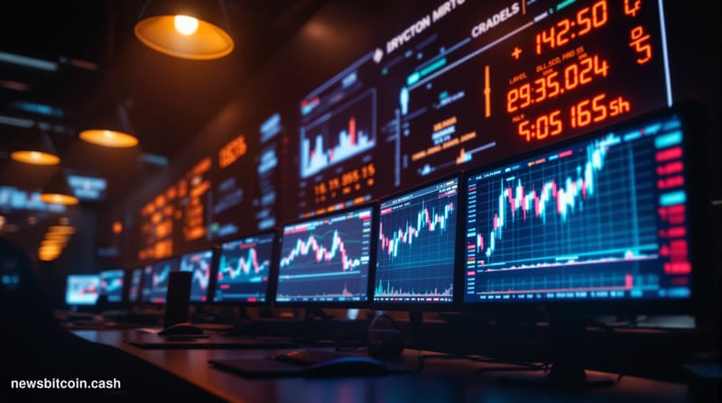 A cinematic photorealistic editorial photograph set inside a dimly lit financial trading floor in lower Manhattan, dramatic s