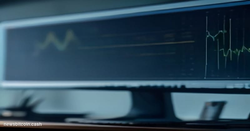 Cinematic photorealistic editorial photograph of a large trading floor monitor displaying a Bitcoin price chart with a clearl