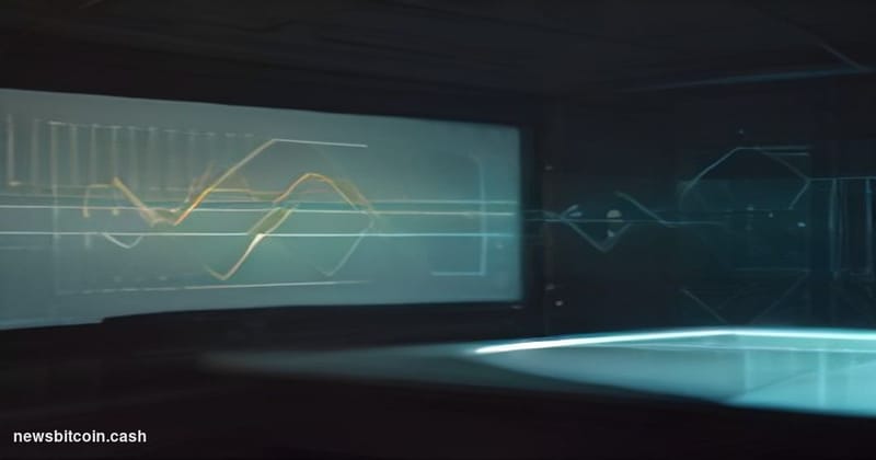 A cinematic photorealistic editorial photograph of a large curved trading terminal screen displaying a Bitcoin price chart wi