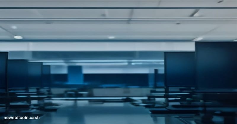 Cinematic photorealistic editorial photograph of two distinct corporate environments merging — in the foreground, a polished 