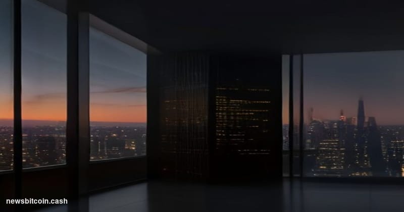 Cinematic photorealistic editorial photograph of a sleek, darkened Wall Street-adjacent glass office tower at dusk, with warm