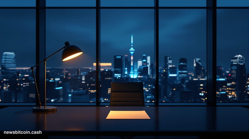 Cinematic photorealistic editorial photograph of a dark, moody corporate office interior at dusk, the room visibly emptied — 