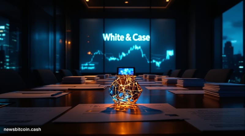 Cinematic photorealistic editorial photograph of a dimly lit law firm war room at night, long mahogany conference table strew