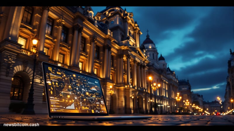 Cinematic photorealistic editorial photograph of Vienna's Ringstrasse financial district at dusk, with the Austro-Hungarian i