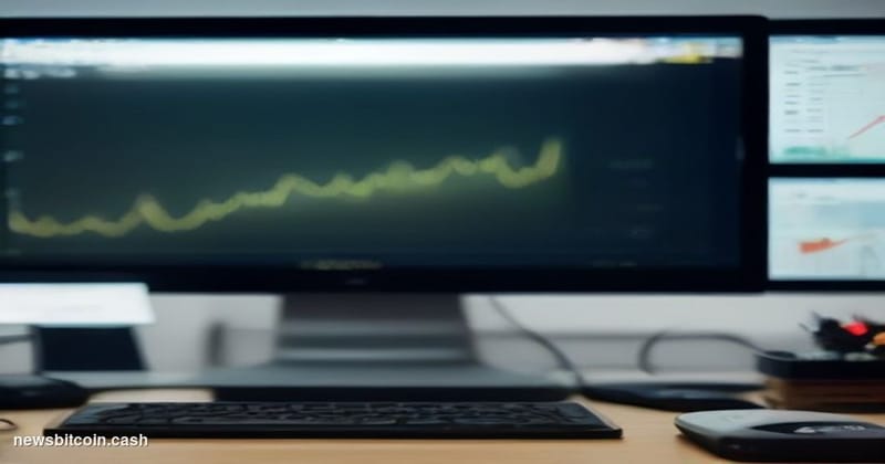 Cinematic photorealistic editorial photograph of a sleek, dimly lit trading workstation with multiple monitors displaying liv