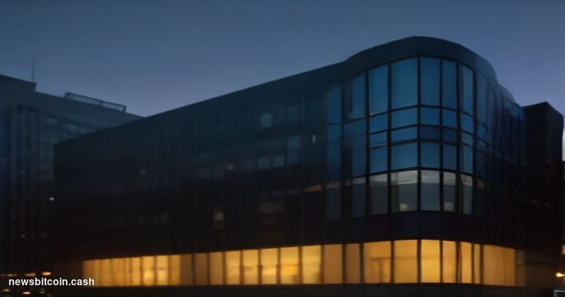 A cinematic photorealistic editorial photograph set at dusk outside the Coinbase San Francisco office entrance, its glass fac