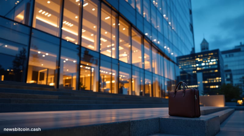 Cinematic photorealistic editorial photograph of a sleek modern San Francisco financial technology office building exterior a
