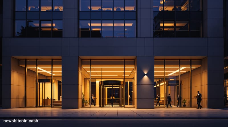 Cinematic photorealistic editorial photograph of a modern San Francisco financial district office building exterior at dusk, 