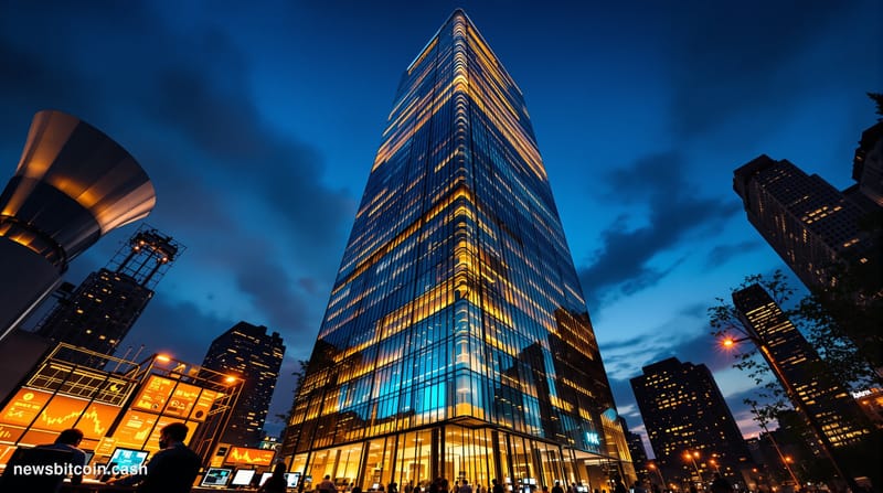 Cinematic photorealistic editorial photograph of BlackRock's Manhattan headquarters at 50 Hudson Yards, shot from a low angle