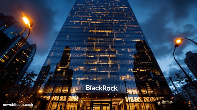 Cinematic photorealistic editorial photograph of BlackRock's midtown Manhattan headquarters at dusk, the towering glass facad