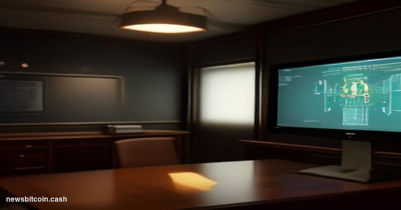 A cinematic photorealistic editorial photograph set inside a dimly lit corporate legal office environment, with a large monit