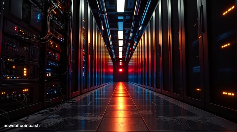Cinematic photorealistic editorial photograph of a server rack corridor rendered in dramatic low-key lighting, with one secti