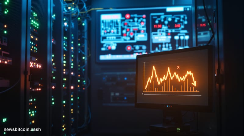 Cinematic photorealistic editorial photograph of a server rack room in partial shutdown — cables disconnected, indicator ligh