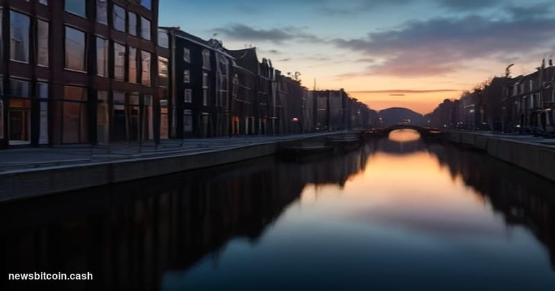Cinematic photorealistic editorial photograph of the Amsterdam canal district at dusk, with the iconic narrow Dutch gabled to