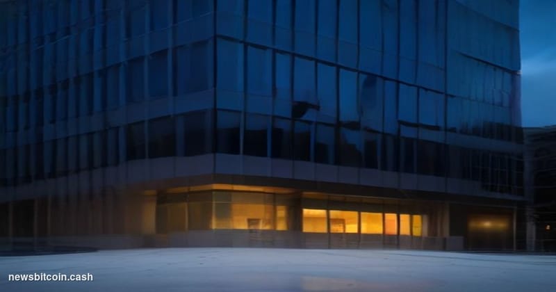 Cinematic photorealistic editorial photograph of the Capital One corporate headquarters in McLean, Virginia, shot at dusk fro
