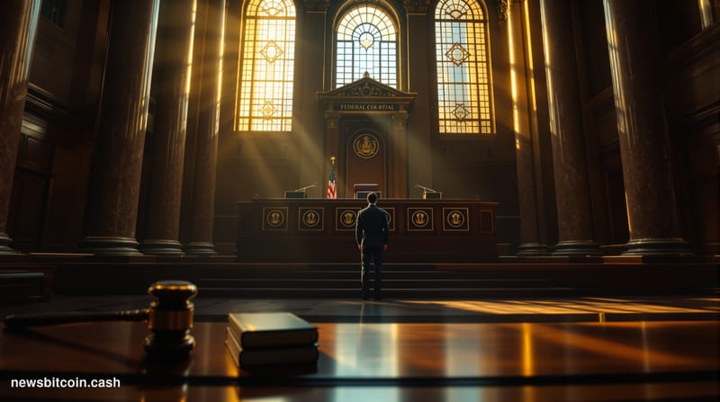A cinematic photorealistic editorial photograph set inside a grand New York federal courthouse interior — marble columns, dar