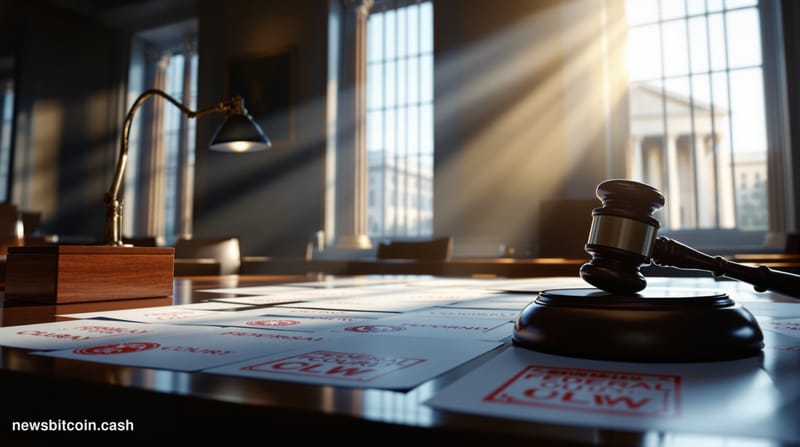 A cinematic photorealistic editorial photograph set inside a austere federal courtroom or regulatory enforcement office in Wa