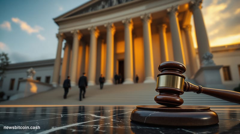 A cinematic photorealistic editorial photograph shot at low angle looking up at the imposing neoclassical facade of a federal