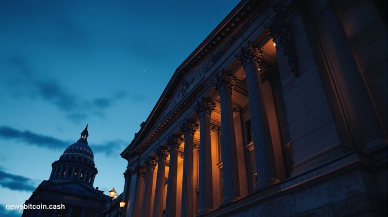 Cinematic photorealistic editorial photograph of the exterior of the Commodity Futures Trading Commission headquarters buildi